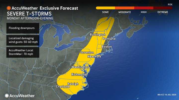 Storms are expected along the I-95 corridor from New England down to the Carolinas on Monday, July 14.
  
