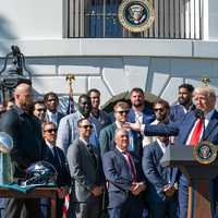<p>President Donald Trump meeting with some members of the Super Bowl champion Philadelphia Eagles at the White House on April 28, 2025.</p>
