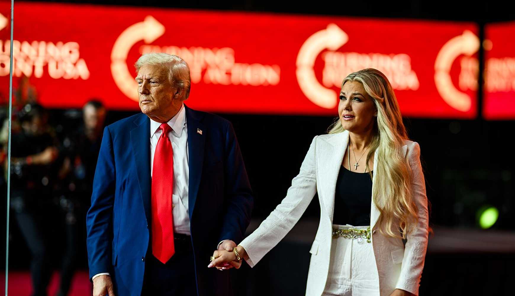
President Donald Trump and Turning Point USA CEO Erika Kirk at a memorial service for Charlie Kirk in Glendale, AZ, on September 21, 2025.
