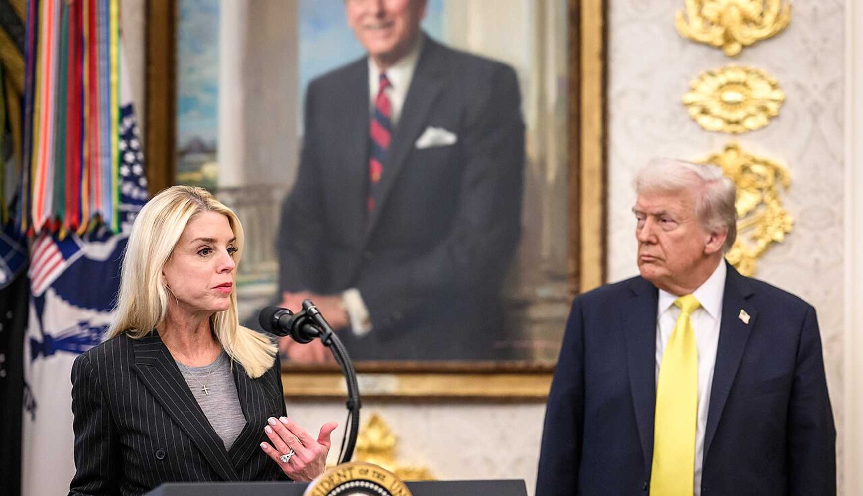 
Attorney General Pam Bondi and President Donald Trump during a news conference at the White House on October 15, 2025.
