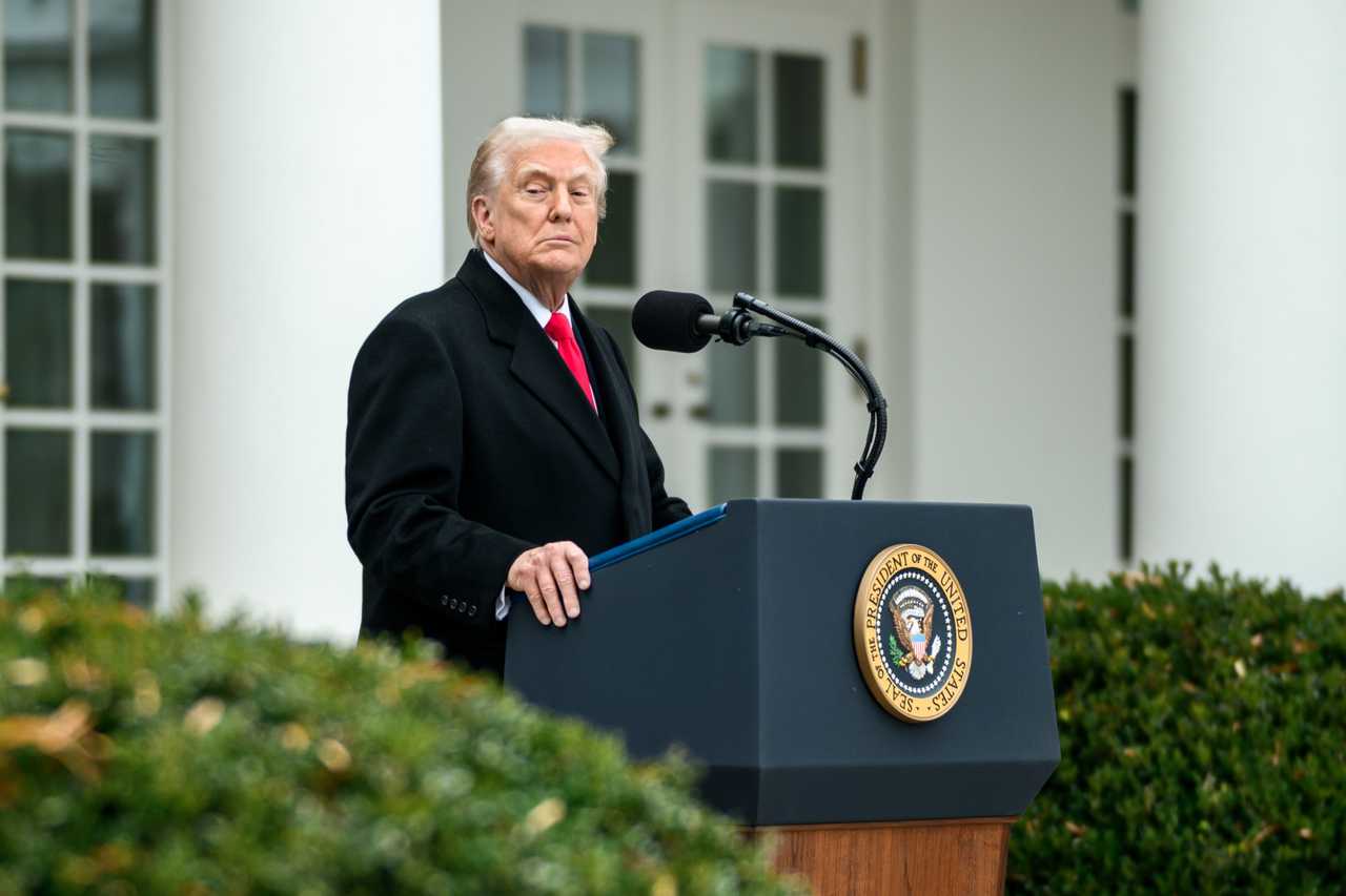 President Donald Trump at the annual pardoning of Thanksgiving turkeys in the White House Rose Garden on November 25, 2025.