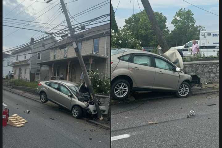 Car Slams Into Pole, Stone Wall In Harrisburg Suburb