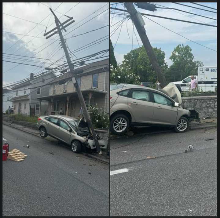 The aftermath of the sedan into a utility pole and stone wall in Susquehanna township. 