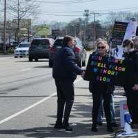 <p>Sen. Richard Blumenthal (D-CT) meeting with "Tesla Takedown" protesters in Milford, CT, on March 22, 2025.</p>