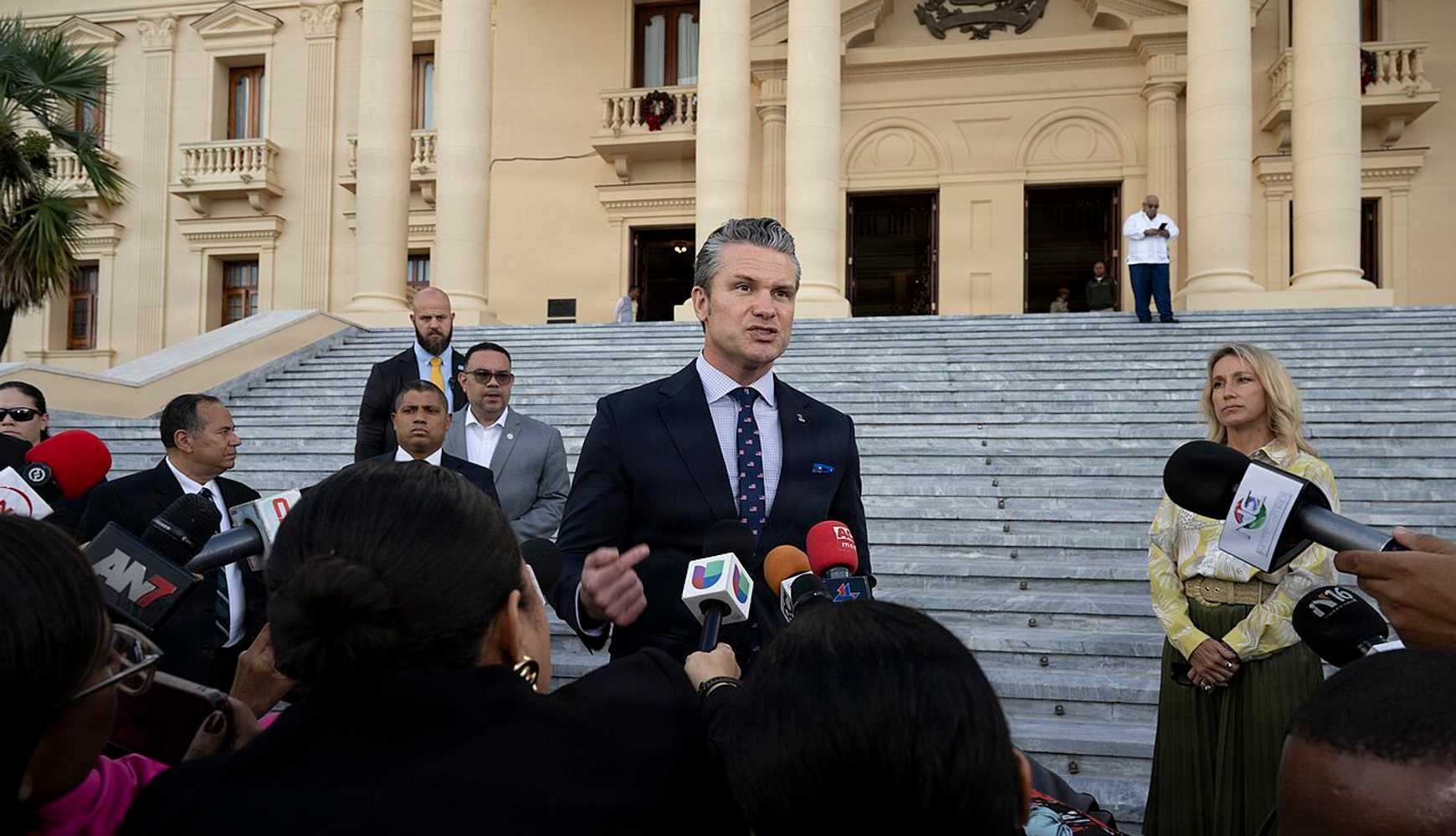 
Defense Pete Hegseth speaks to reporters in Santo Domingo, Dominican Republic, on November 26, 2025.

