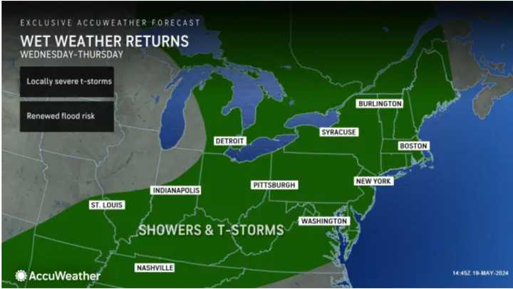 Storms moving from west to east will arrive in the Northeast on Thursday afternoon, May 23.
  
