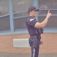 <p>Mayowa Kubikisha goes through a field sobriety test at Memorial Middle School in Montvale.</p>