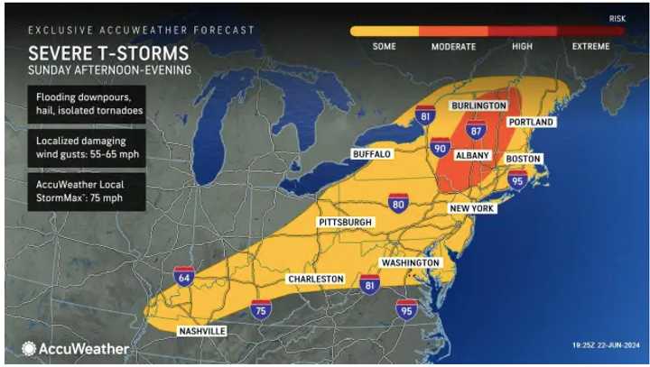 A look at the widespread area expected to see storms, some of which will be severe, on Sunday, June 23, during the afternoon and evening.