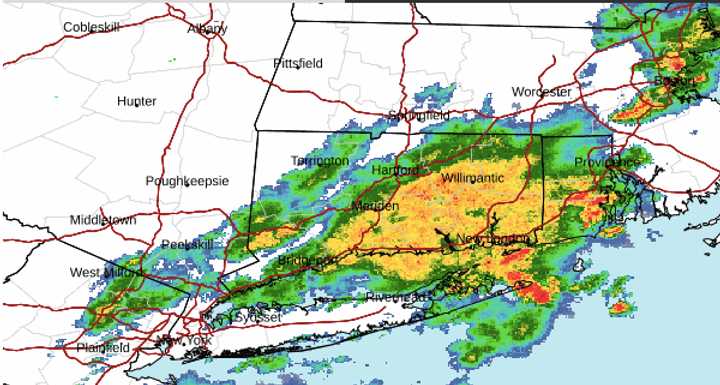 A radar image of the region at around 9:30 a.m. Saturday, July 13 showing storms, some severe, with drenching downpours moving through the region from west to east.