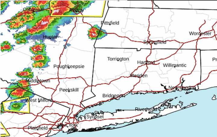 A radar image of the region at 5:30 p.m. Tuesday, July 16 shows severe storms moving eastward.