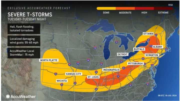 A look at the massive system stretching from the Midwest to the East on Tuesday, July 16, with areas where severe storms are possible shown in orange.