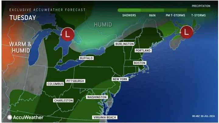 Warm and humid air will fuel scattered thunderstorms on Tuesday, July 30.