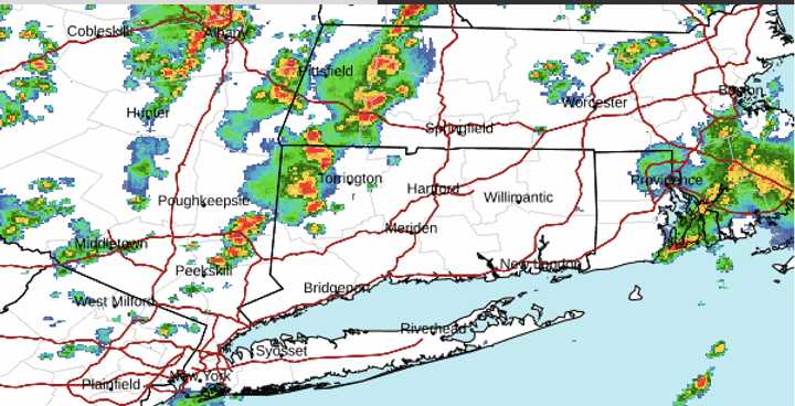 A radar image of the region at around 3:30 p.m. Wednesday, July 31 showing storms, some of which are severe (marked in red).