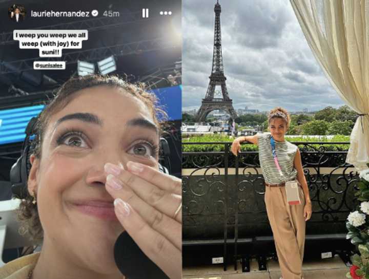 Laurie Hernandez supports Suni Lee, left, and right poses with the Eiffel Tower ahead of commentating at Paris 2024.