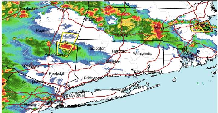 A radar image of the region just before 5 p.m. Friday, Aug. 2, shows storms moving through from west to east, with severe storms marked in red.