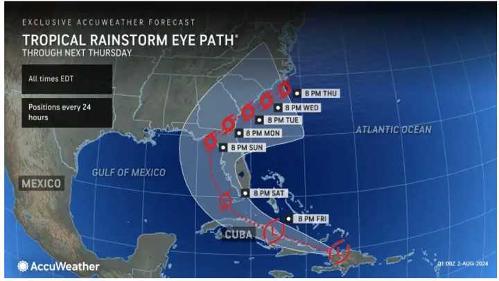 A look at the projected path of the tropical system through Thursday, Aug. 8.