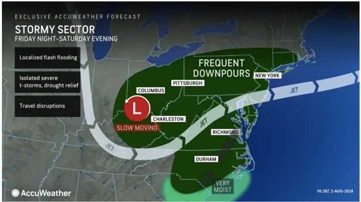 The broad area where storms are expected on Saturday, Aug. 3.