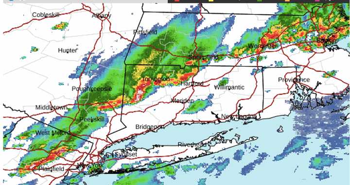 A radar image from about 4 p.m. Sunday, Aug. 4, shows severe storms marked in red moving from west to east.
  
