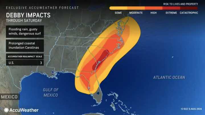 An AccuWeather map shows Hurricane Debby will have some to moderate impacts on South Jersey and the DMV.