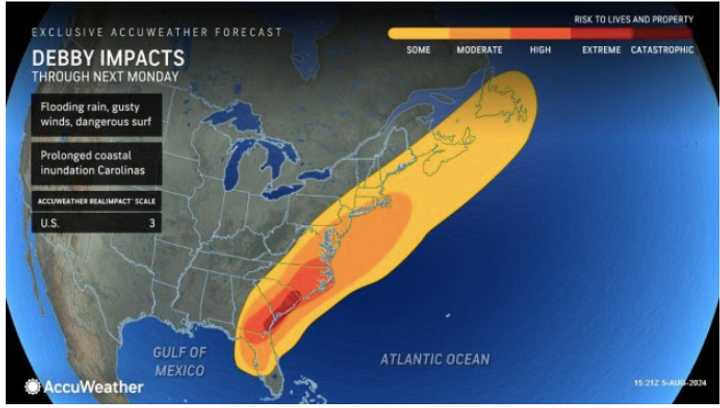 Areas that will see some impacts from Debby are marked in yellow and areas seeing moderate impacts in the darker shade of yellow. Highly impacted areas are in orange and extreme impacts in red.