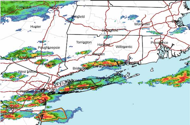 A radar image of the region just before 3:30 p.m. Tuesday, Aug. 6 shows a line of storms, some severe (marked in red) moving from west to east.