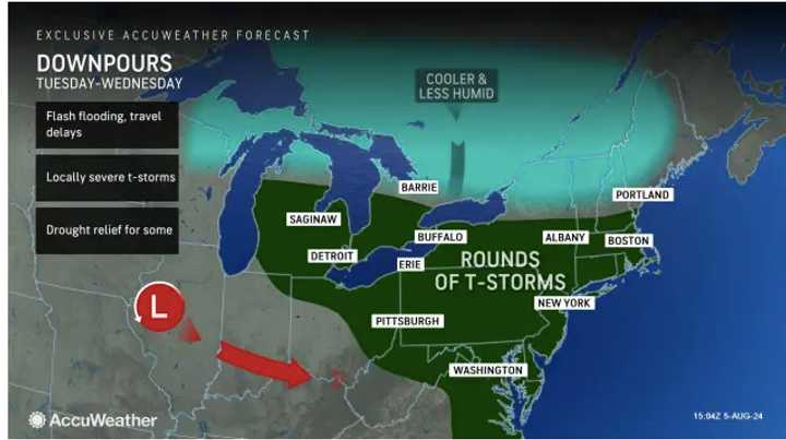 Here's the broad area expected to see storms with heavy rain at times on Tuesday, Aug. 6, and Wednesday, Aug. 7.