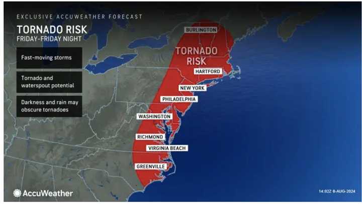 A look at the wide area at risk for tornadoes on Friday, Aug. 9.