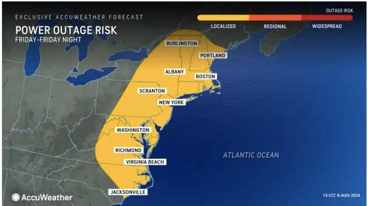 Strong wind gusts are leading to power outages over a broad area.