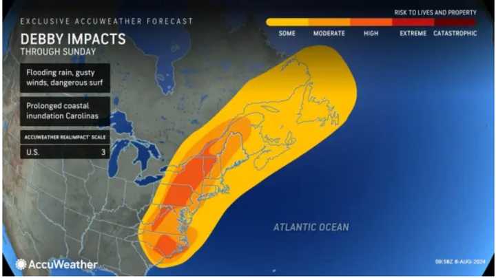 Areas in the darker shades are expected to see the most severe impacts from Tropical Storm Debby.