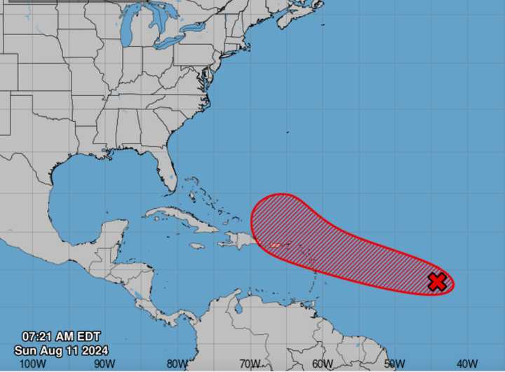 The system is about 1,000 miles east of the Lesser Antilles on Sunday morning, Aug. 11.
  
