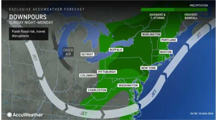 Areas in the darkest shade of green are expected to see the heaviest rainfall in the afternoon and evening on Sunday, Aug. 18.