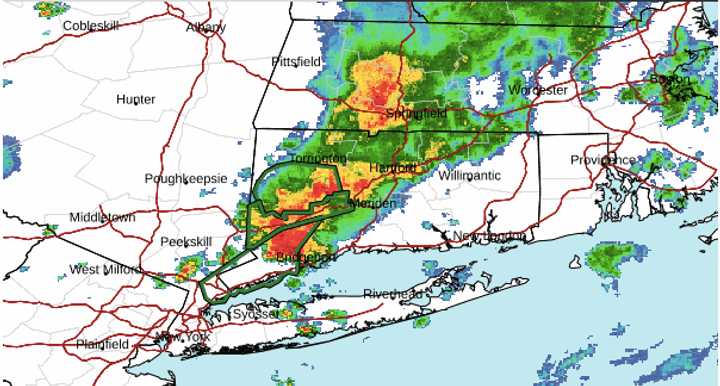 A radar image of the region showing storms, some severe (marked in red), just before 2:30 p.m. Sunday, Aug. 18.