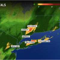 <p>Six to 10 inches of rain fell in parts of the region on Sunday, Aug. 18, sometimes at 3.5 inches per hour, sparking dangerous flash flooding in parts of Connecticut and Long Island (areas shown in orange.</p>