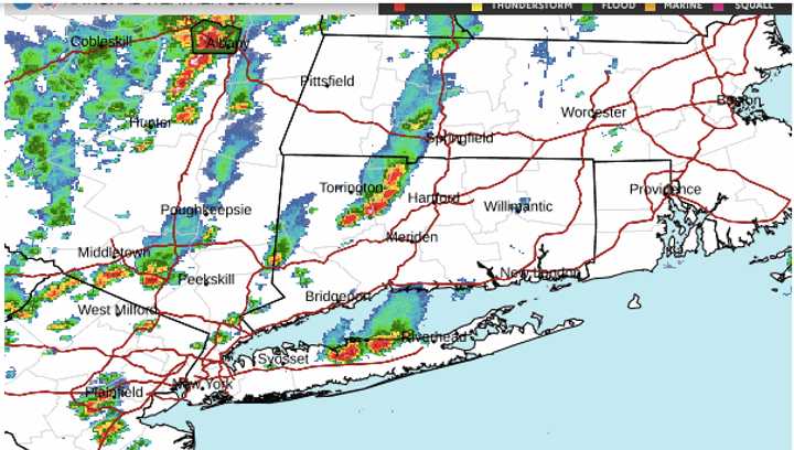 A radar image of the region just before 3:30 p.m. Monday, Aug. 19, shows storms, some severe (marked in orange), moving from west to east.