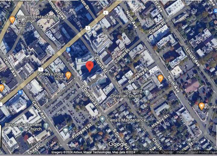 55 Clinton Place in New Rochelle (marked in red) is located south of Main Street (Route 1) and west of North Avenue.