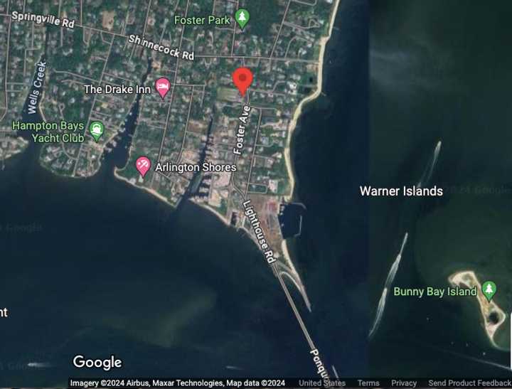 The alleged incident happened at the Beach Bar in Hampton Bays (marked in red).