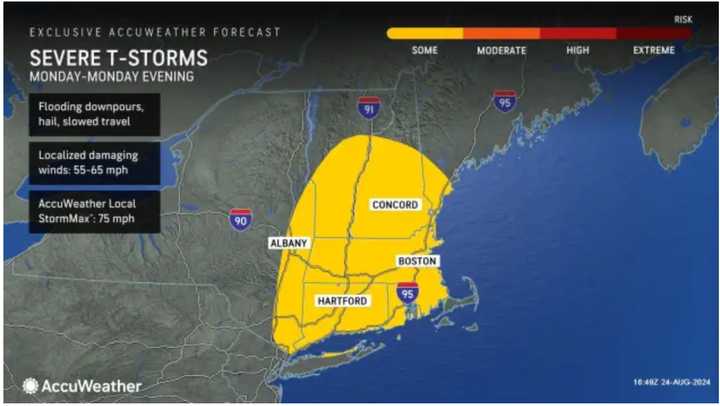 Storm activity on Monday, Aug. 26 is expected over a wide area in the region (shown in yellow).