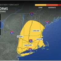 <p>Storm activity on Monday, Aug. 26, is expected over a wide area in the region (shown in yellow).
  
</p>