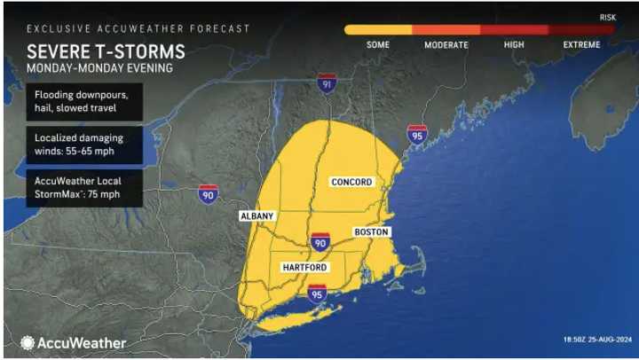 Storm activity on Monday, Aug. 26, is expected over a wide area in the region (shown in yellow).
  
