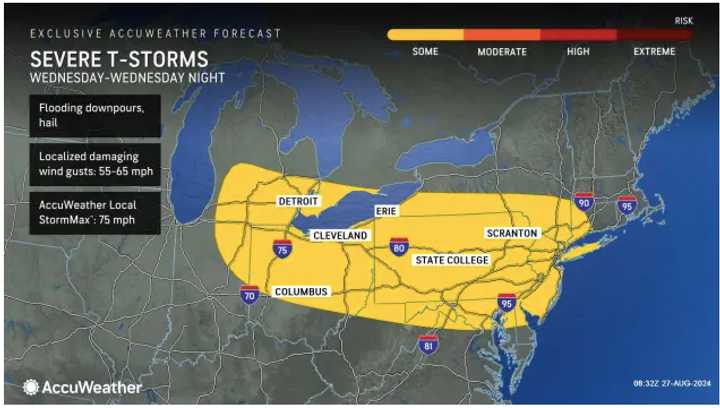 The time frame for storm activity is in the afternoon and evening on Wednesday, Aug. 28.