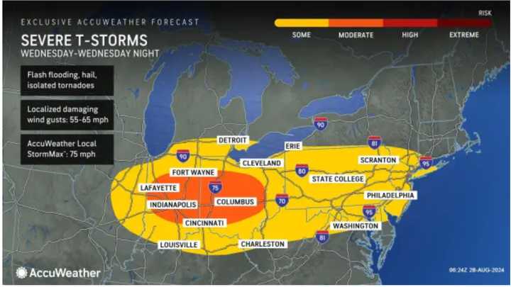 While most of the system's strongest storms will be south and west of the region, areas shown in yellow in the first image above from AccuWeather.com are most likely to see storms.
  
