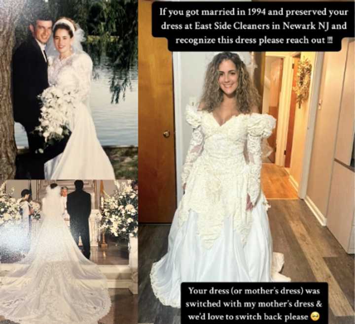 Samantha Pereira is seen on the right in someone else's wedding dress, which her mother had been preserving for 30 years thinking it was the one she wore on her wedding day, left.