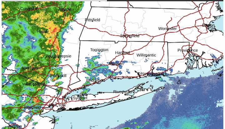 A radar image of the region at about 3:30 p.m. Saturday, Sept. 7 shows the strongest storms marked in red.
  
