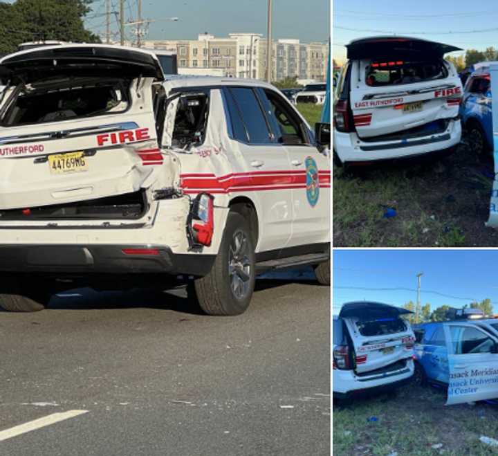 East Rutherford Fire Department vehicle struck by car while responding to crash on Route 3.