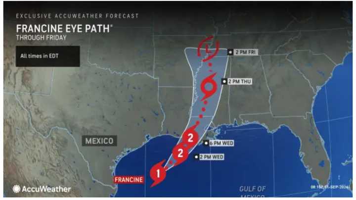 Francine is expected to gain more strength and become a Category 2 hurricane as it enters warm, open waters prior to landfall