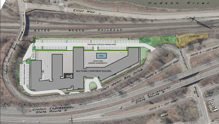 A site plan of the proposed multi-family building at 1 Half Moon Bay Dr. in Croton-on-Hudson, which the village will not move forward with. 