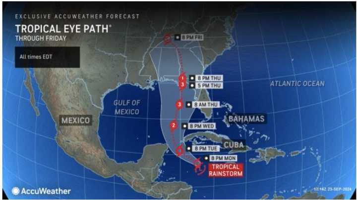 AccuWeather is forecasting a powerful Category 3 hurricane with maximum sustained wind gusts of 110 to 130 miles per hour to make landfall along the Gulf Coast on Thursday, Sept. 26.
  
