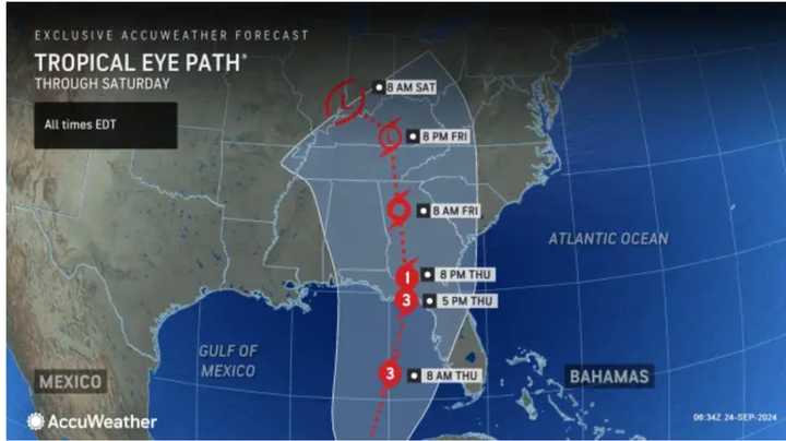 A look at the projected track and timing through Saturday, Sept. 28 for the storm system expected to become a Category 3 hurricane.