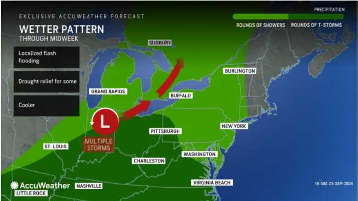 A long stretch of dry days will finally end as a wet weather pattern will bring separate rounds of showers, along with the possibility of thunderstorms.
  
