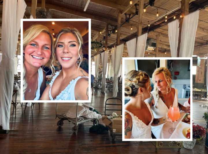 Erin Fowlie and Lindsey Nadolny were set to get married at the Art Factory on Oct. 18. Background photo: Yasmeen Faraj's family sets up the hall.